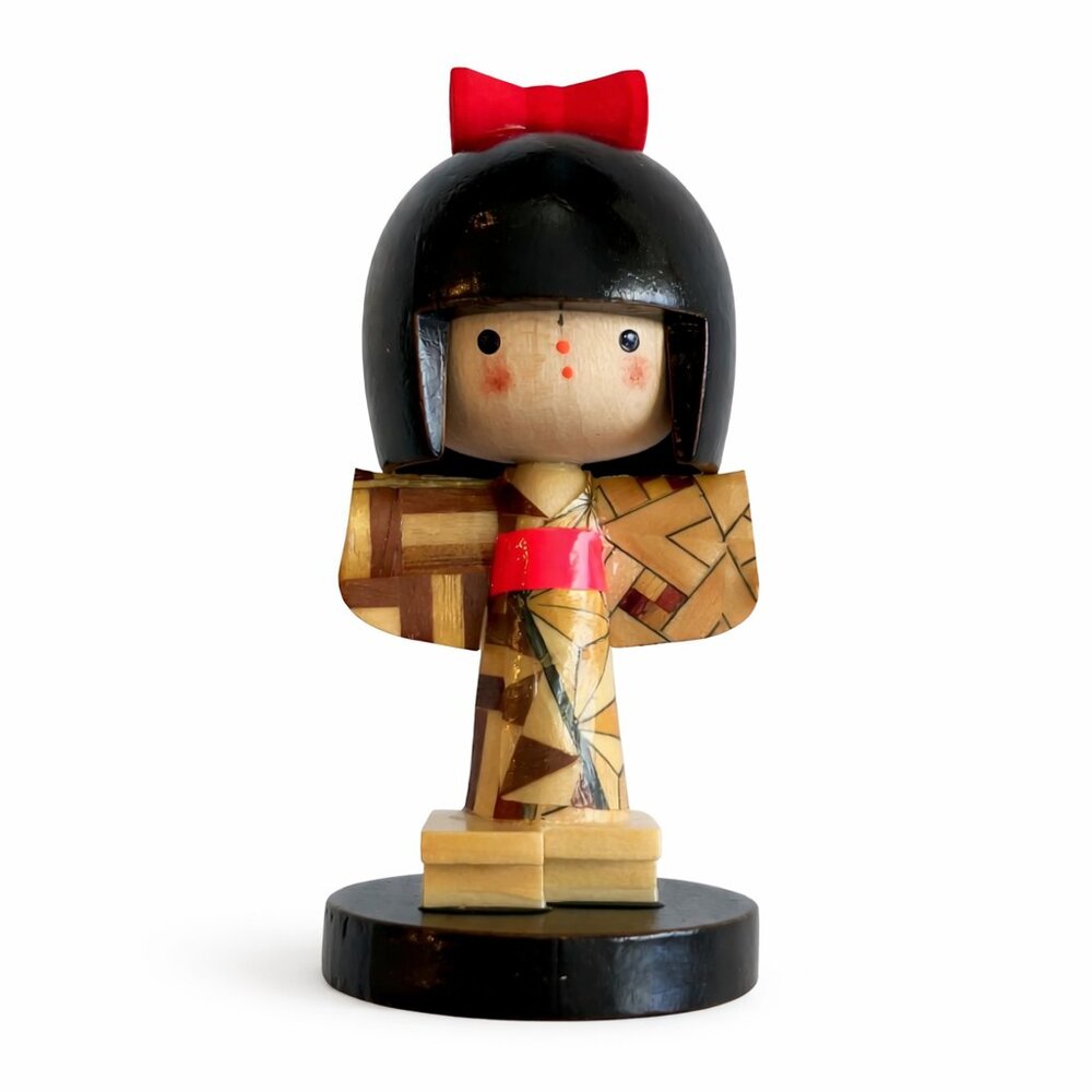 Vintage NIB Japanese Hakone Yosegi Zaiku Wood Marquetry Kokeshi Doll in Box